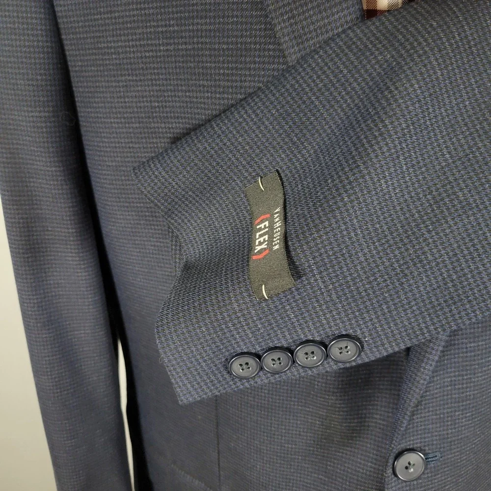 Van‎ Heusen Flex Men's Sport Coat Blazer Navy Houndstooth Poly Blend 46L NEW
